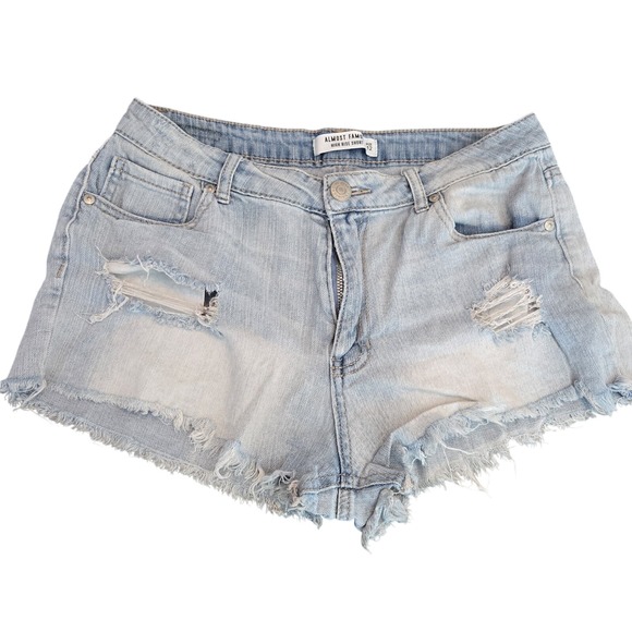 Almost Famous Denim Cut Off Booty Shorts Distressed Light Blue Y2k Size‎ 12 - Picture 1 of 9